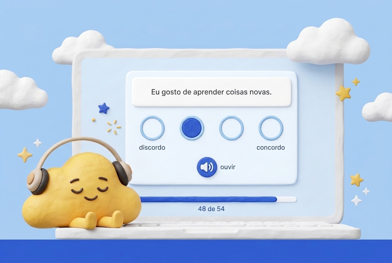Um laptop mostra a atividade com o enunciado "Eu gosto de aprender coisas novas", a escala de discordo a concordo com uma bolinha marcada, o botão de ouvir e a barra no item 48 de 54; ao lado, uma nuvem amarela de fones de ouvido descansa.